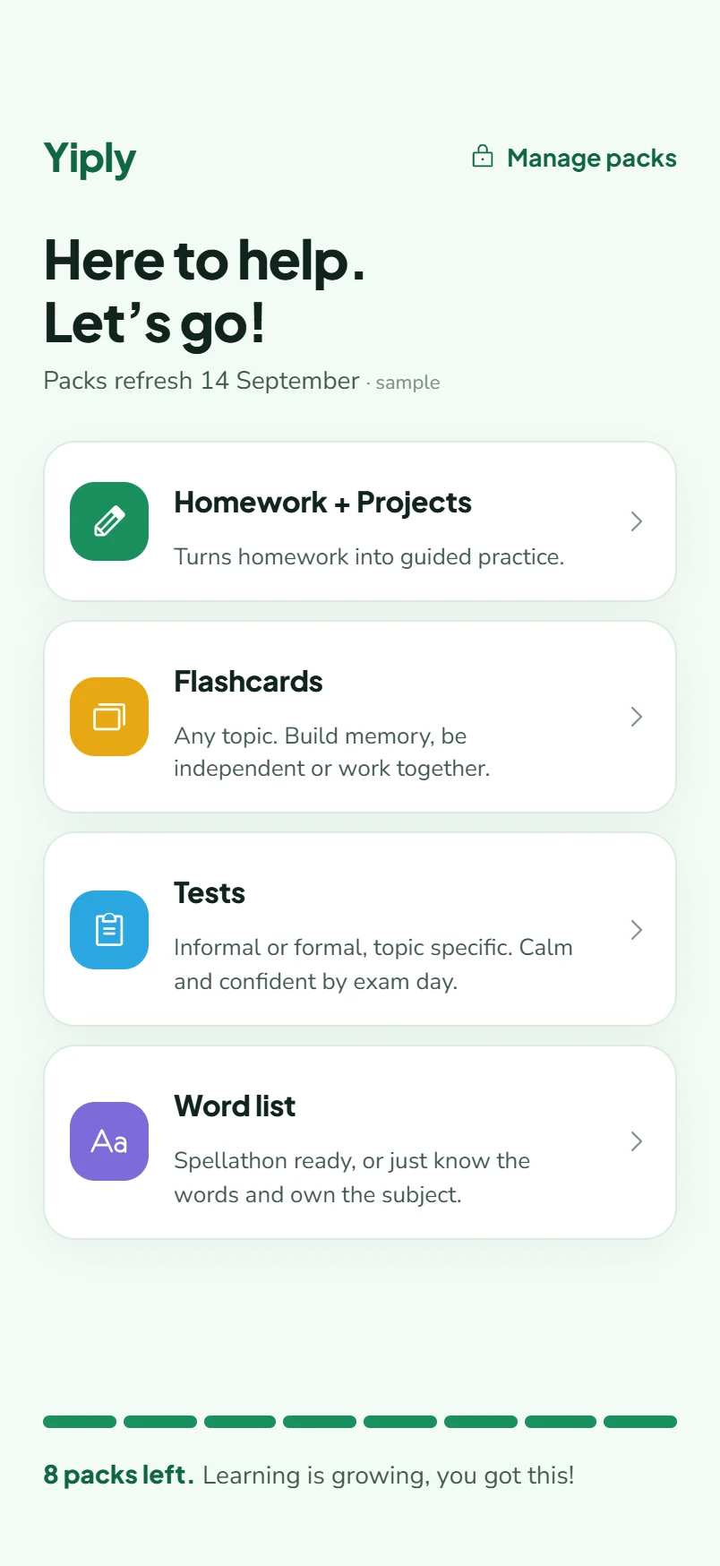 Yiply app home screen showing the four modules, with sample data