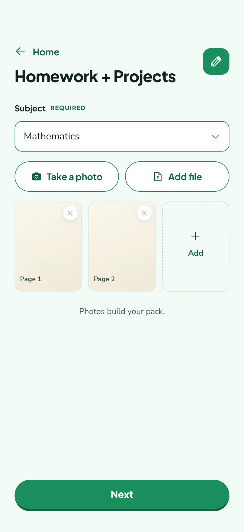 Yiply app screen for choosing a subject and adding photos, with sample data