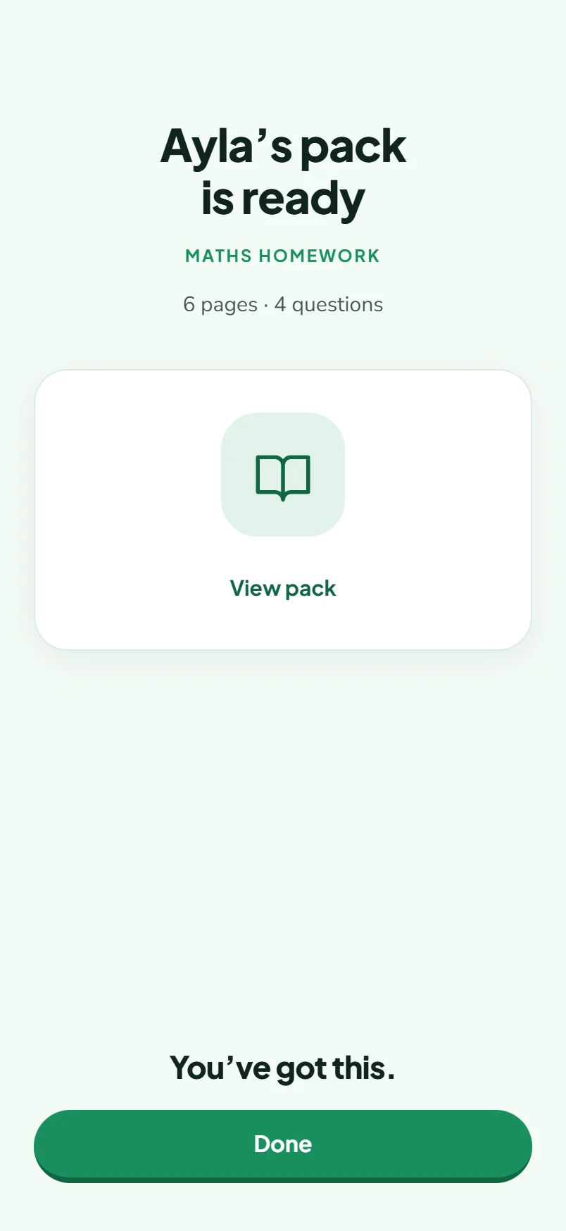 Yiply app screen showing a pack is ready, with sample data