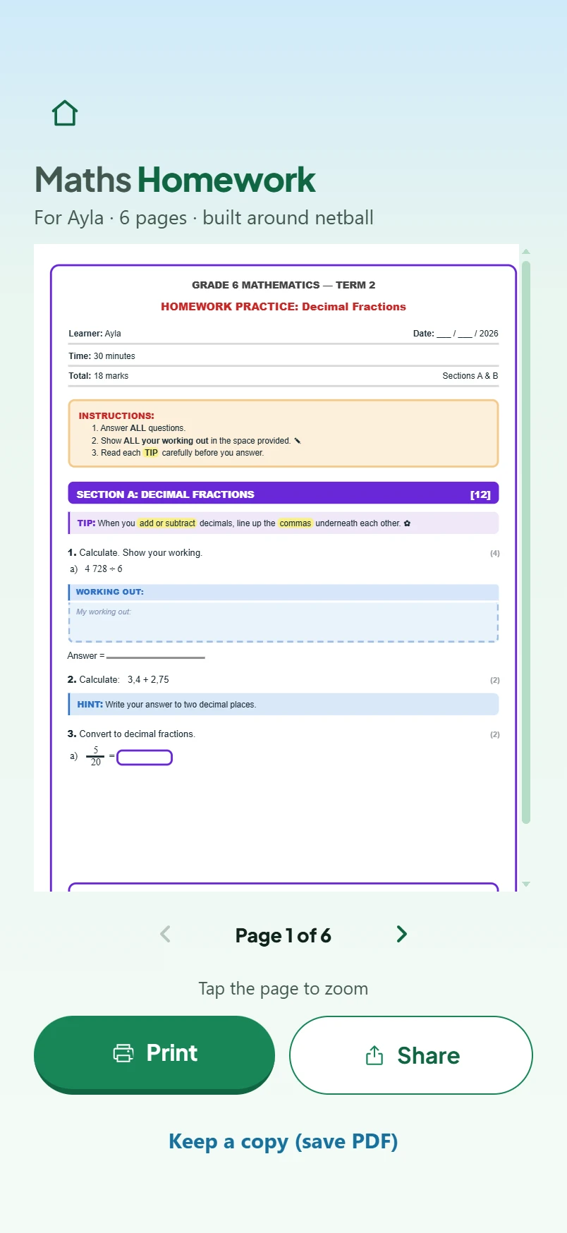 Yiply app pack viewer with print and share, with sample data