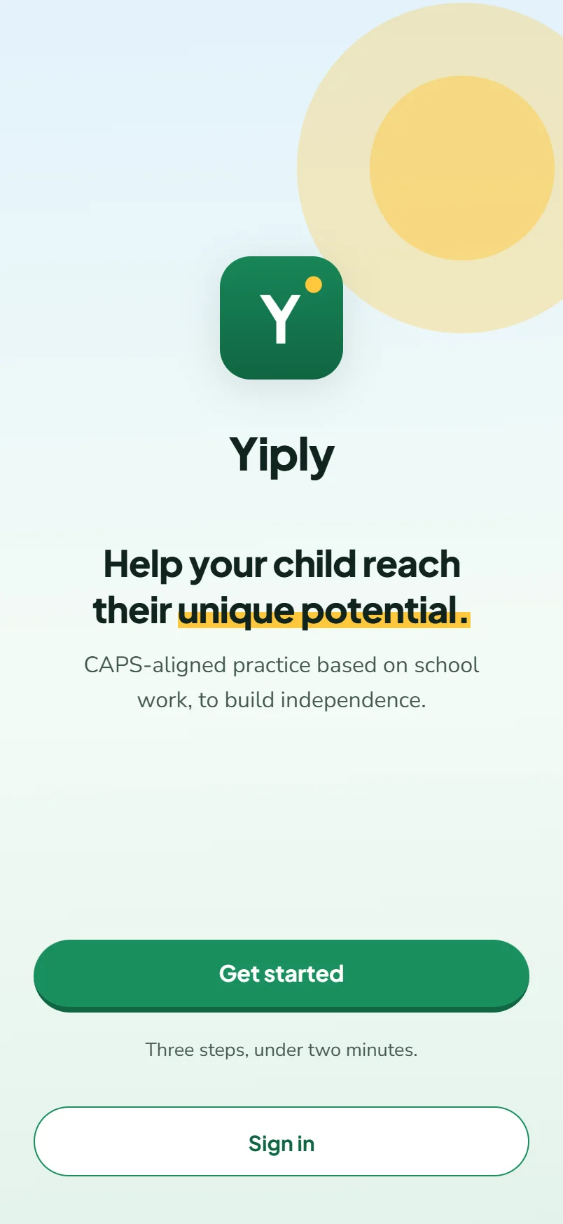 Yiply app welcome screen, with sample data